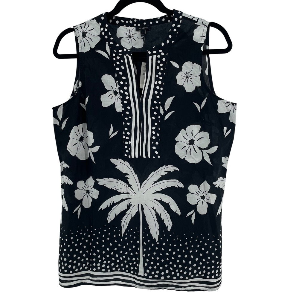 Talbots Sleeveless Top Women Small Black White Tropical Floral 100% Cotton NEW
